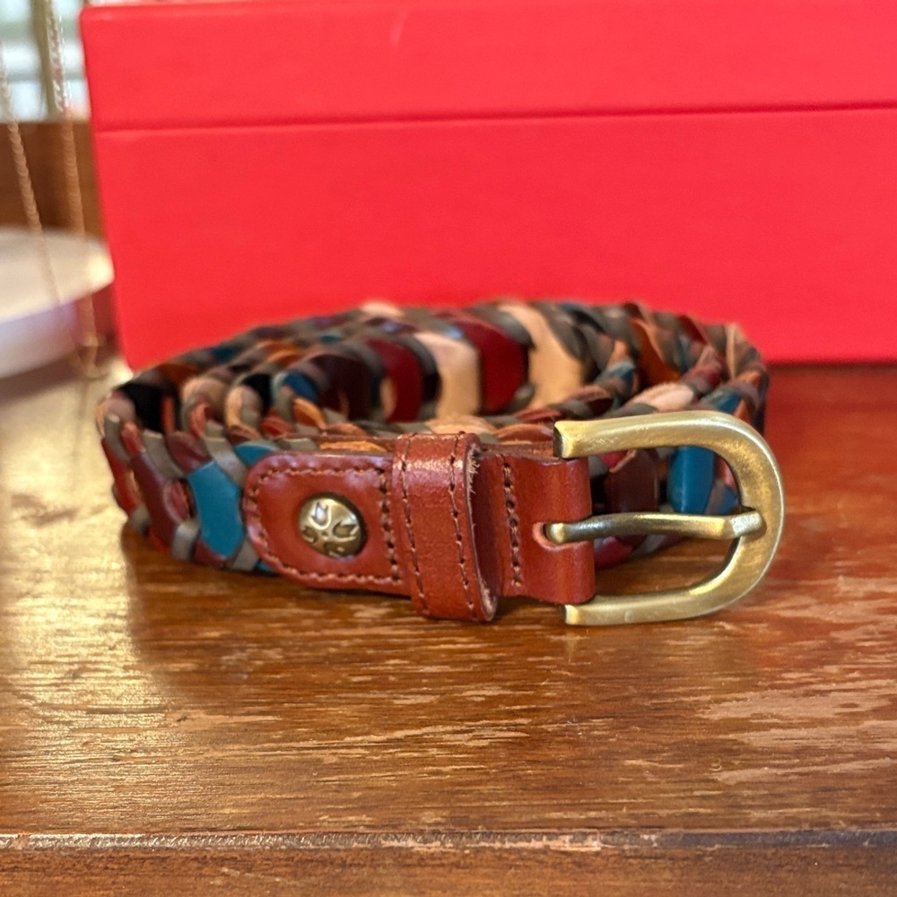 Patricia Nash Multicolor Braided Leather Belt with Brass Buckle